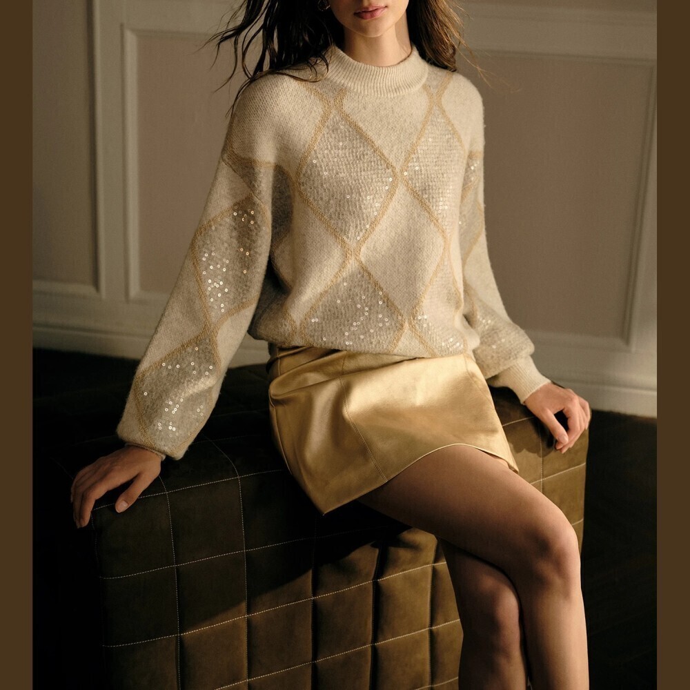 Tan Sequin Argyle Knit Mock Neck Loose Fit Sweater